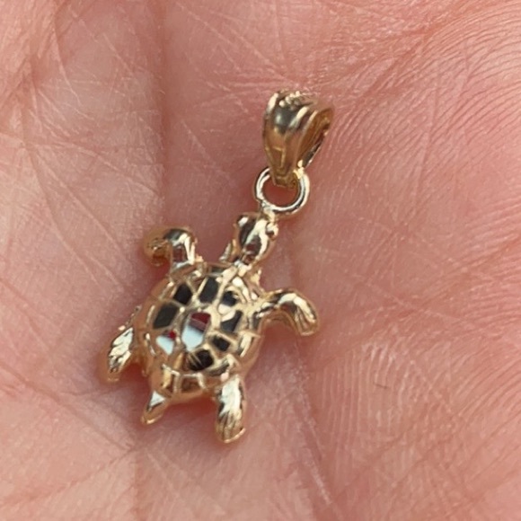 14k Solid Yellow Gold Sea Turtle Charm Pendant - Hand-Polished, Positive Vibes Jewelry